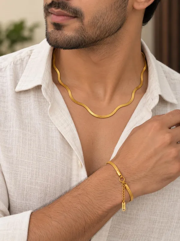 D_Glamm_Fashion_18K_Gold_Plated_Herringbone_Snake_Chain_Necklace_And_Bracelet_Set