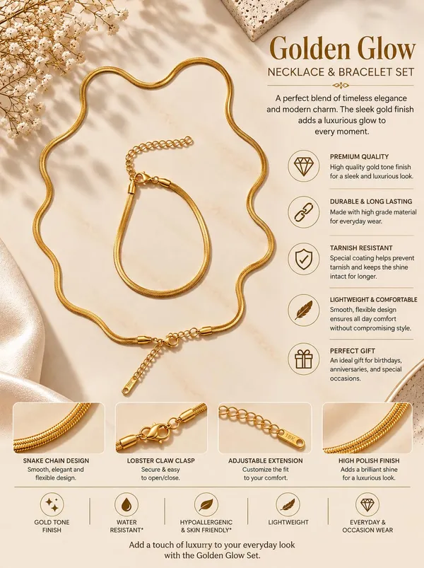 D_Glamm_Fashion_18K_Gold_Plated_Herringbone_Snake_Chain_Necklace_And_Bracelet_Set