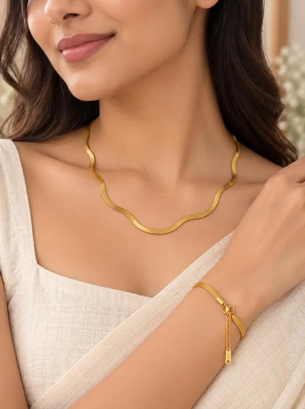 D_Glamm_Fashion_18K_Gold_Plated_Herringbone_Snake_Chain_Necklace_And_Bracelet_Set