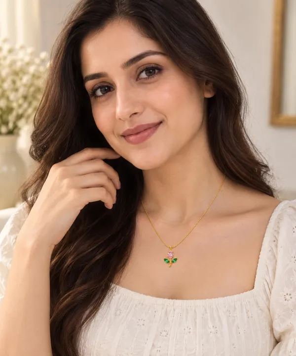 D_Glamm_Fashion_Rose_Flower_Pendant_Necklace_Gold_Tone_With_Pink_Green_Cz