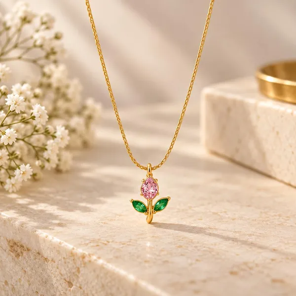 D_Glamm_Fashion_Rose_Flower_Pendant_Necklace_Gold_Tone_With_Pink_Green_Cz
