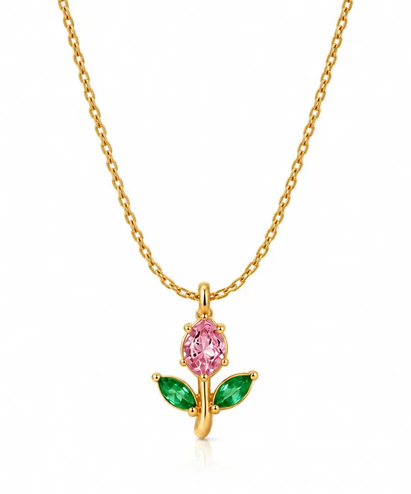 D_Glamm_Fashion_Rose_Flower_Pendant_Necklace_Gold_Tone_With_Pink_Green_Cz