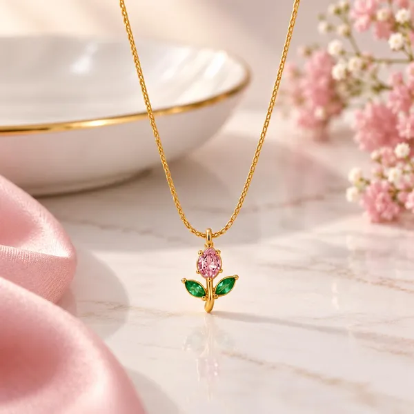 D_Glamm_Fashion_Rose_Flower_Pendant_Necklace_Gold_Tone_With_Pink_Green_Cz