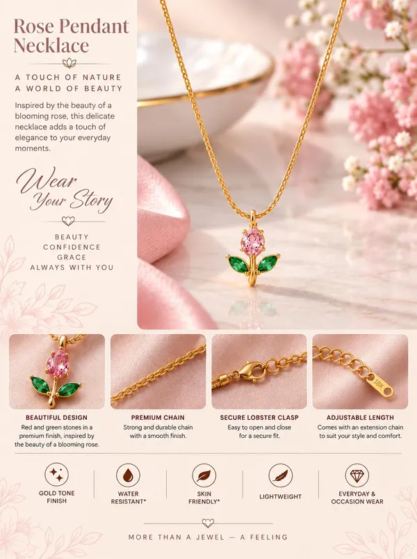 D_Glamm_Fashion_Rose_Flower_Pendant_Necklace_Gold_Tone_With_Pink_Green_Cz