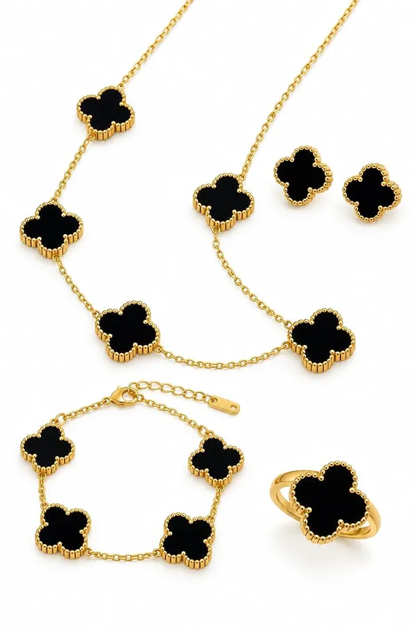 D_Glamm_Fashion_Four_Leaf_Clover_Jewellery_Set_Gold_Tone_With_Black_Motif