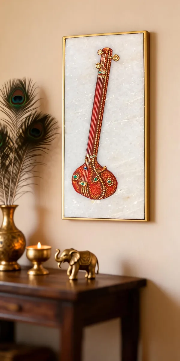 Multicolor_Marble_Tile_Gold_Leaf_Kundan_Meenakari_Sitar_Wall_Art