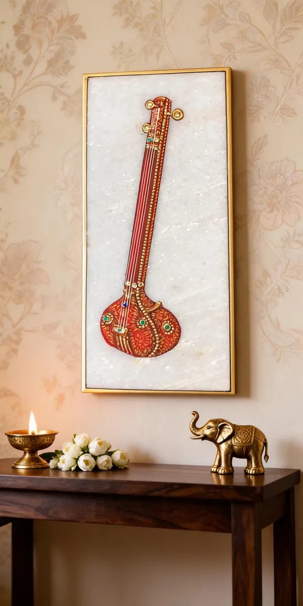 Multicolor_Marble_Tile_Gold_Leaf_Kundan_Meenakari_Sitar_Wall_Art