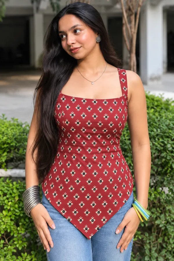 Red_Cotton_Fitted_Geometric_Print_Lace-Up_Back_Top_For_Women