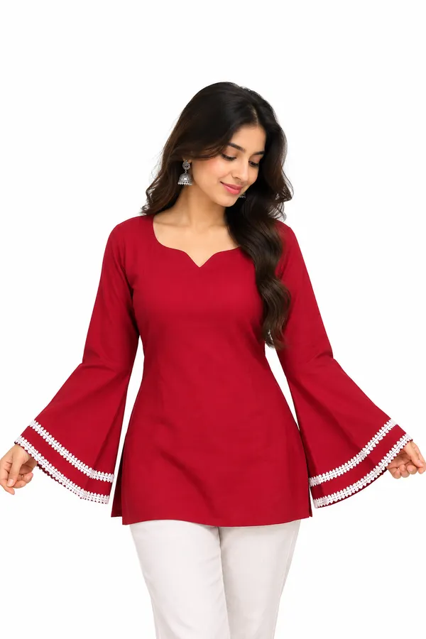 Red_Cotton_Bell_Sleeve_Solid_Kurti_For_Women
