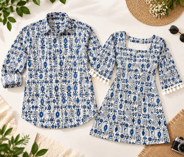 White_Blue_Cotton_Printed_Shirt_And_Tunic_Couple_Set