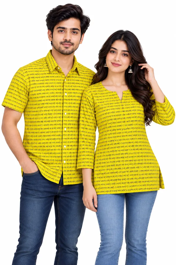 Yellow_Cotton_Printed_Shirt_And_Kurti_Couple_Set