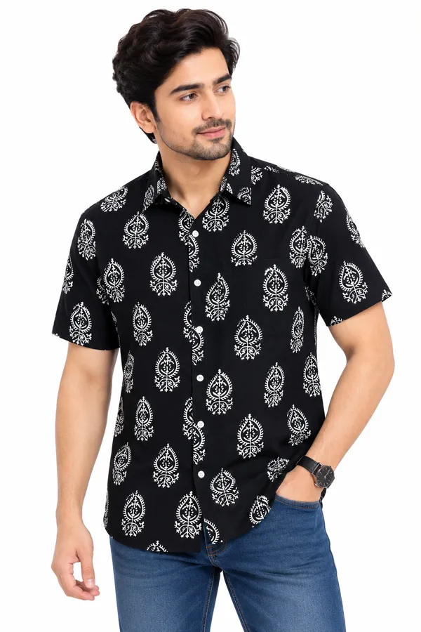 Black_Cotton_Printed_Couple_Kurta_And_Shirt_Set