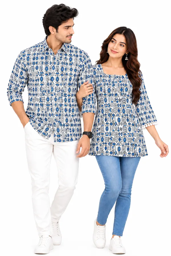 White_Blue_Cotton_Printed_Shirt_And_Tunic_Couple_Set