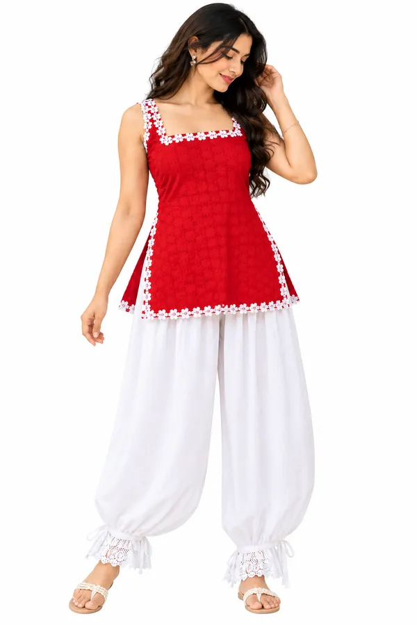 Red_Cotton_Sleeveless_Embroidered_Kurta_Palazzo_Set_For_Women