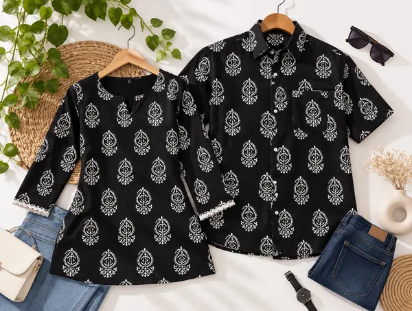 Black_Cotton_Printed_Couple_Kurta_And_Shirt_Set