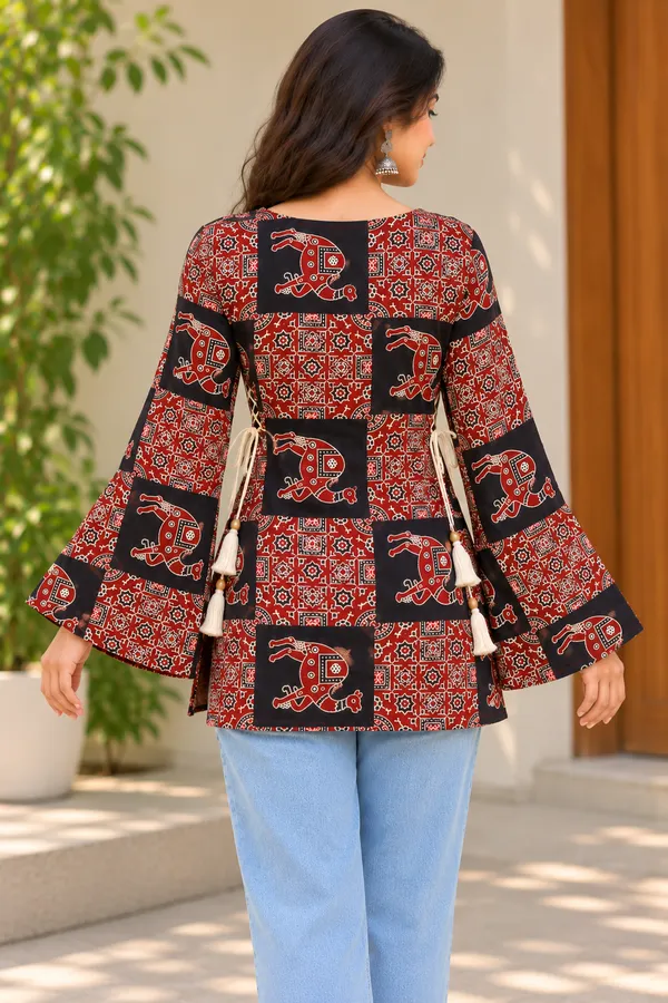 Red_Cotton_Bell_Sleeve_Printed_Kurti_For_Women