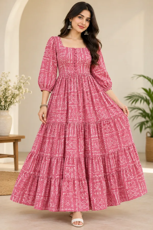 Pink_Cotton_Printed_Puff_Sleeve_Tiered_Maxi_Dress_For_Women