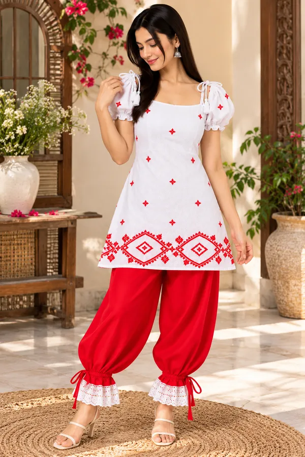 White_Cotton_Printed_Kurta_Pant_Set_For_Women