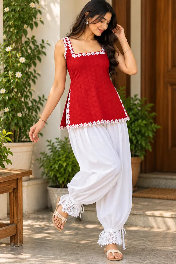 Red_Cotton_Sleeveless_Embroidered_Kurta_Palazzo_Set_For_Women
