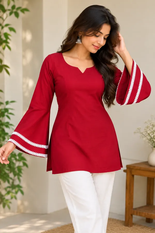 Red_Cotton_Bell_Sleeve_Solid_Kurti_For_Women