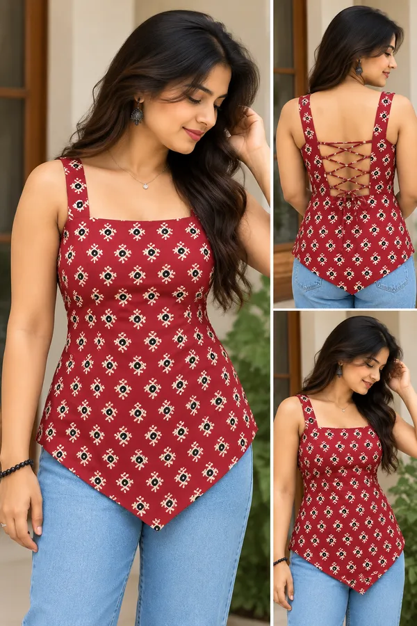 Red_Cotton_Fitted_Geometric_Print_Lace-Up_Back_Top_For_Women