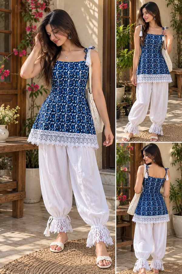 Blue_Cotton_Sleeveless_Tie-Up_Strap_Kurta_Set_For_Women