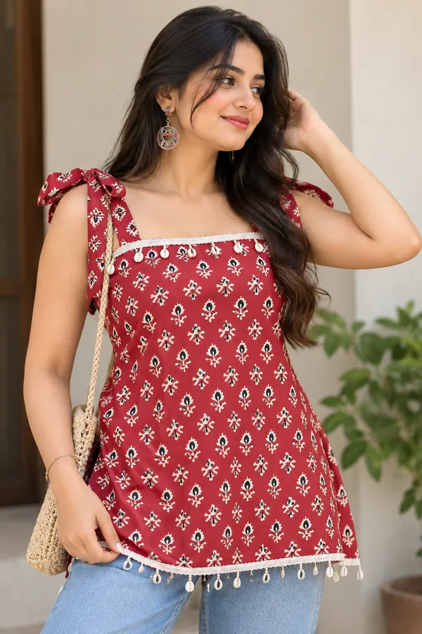 Red_Cotton_Flared_Printed_Tie-Strap_Top_For_Women