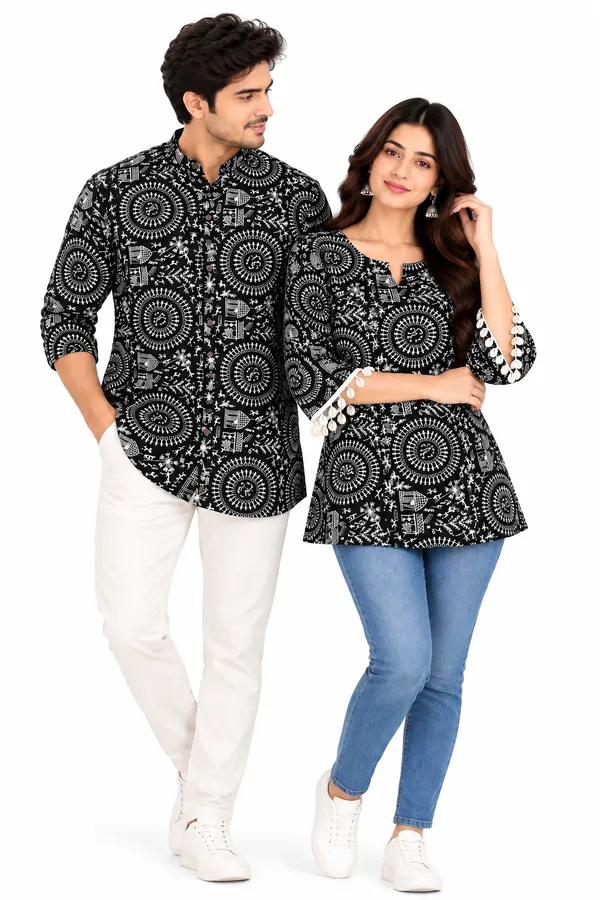 Black_Cotton_Printed_Kurta_And_Top_Couple_Set