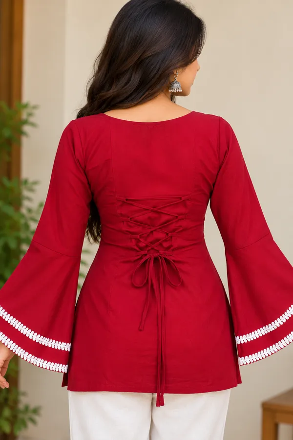 Red_Cotton_Bell_Sleeve_Solid_Kurti_For_Women