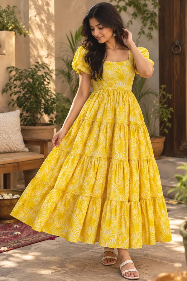 Yellow_Cotton_Printed_Puff_Sleeve_Tiered_Maxi_Dress_For_Women