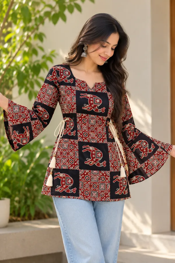 Red_Cotton_Bell_Sleeve_Printed_Kurti_For_Women