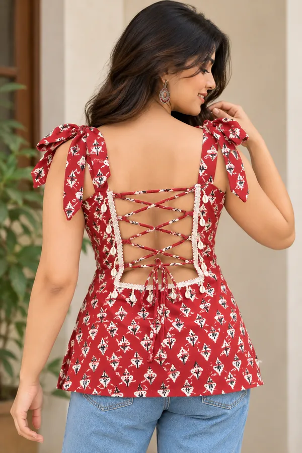 Red_Cotton_Flared_Printed_Tie-Strap_Top_For_Women