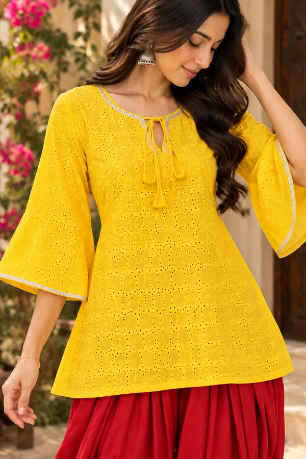 Yellow_Red_Cotton_Kurta_Dhoti_Pants_Set_For_Women