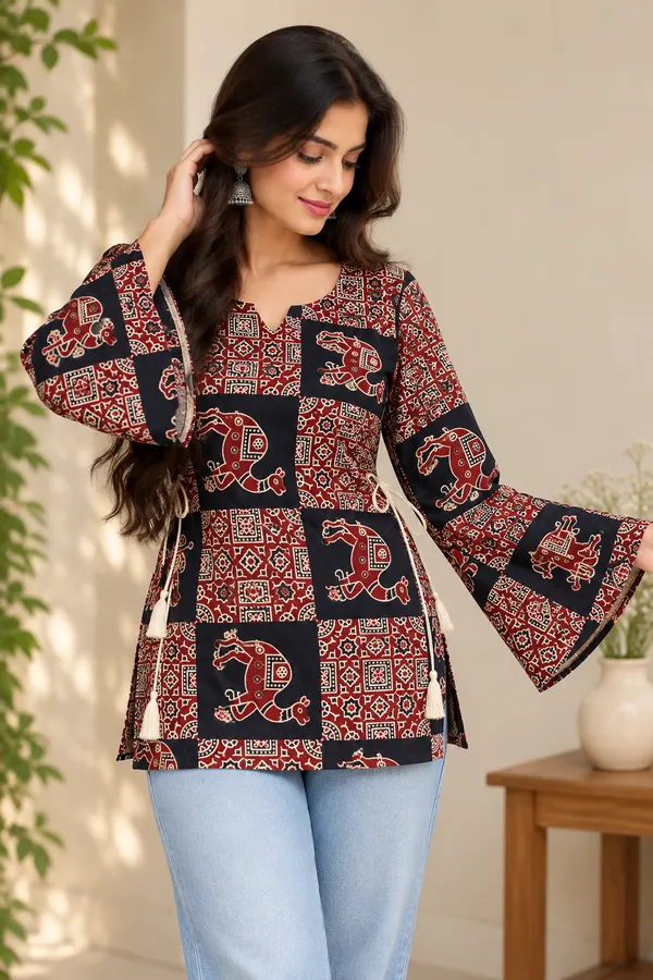 Red_Cotton_Bell_Sleeve_Printed_Kurti_For_Women