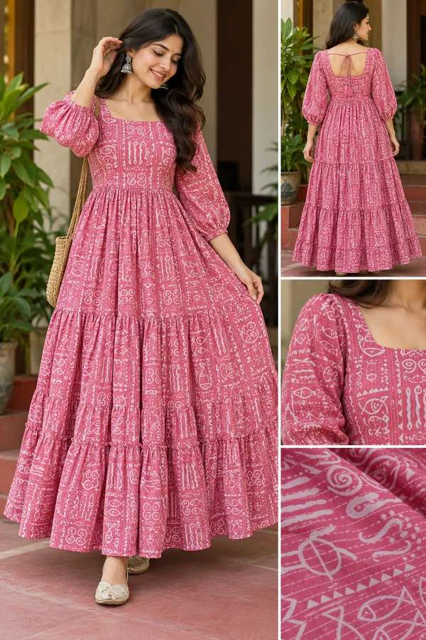 Pink_Cotton_Printed_Puff_Sleeve_Tiered_Maxi_Dress_For_Women