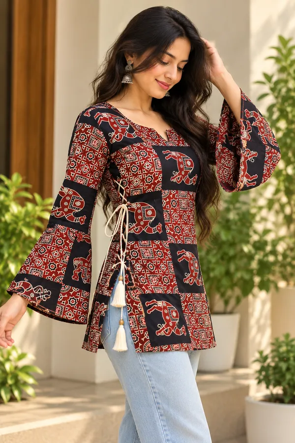 Red_Cotton_Bell_Sleeve_Printed_Kurti_For_Women