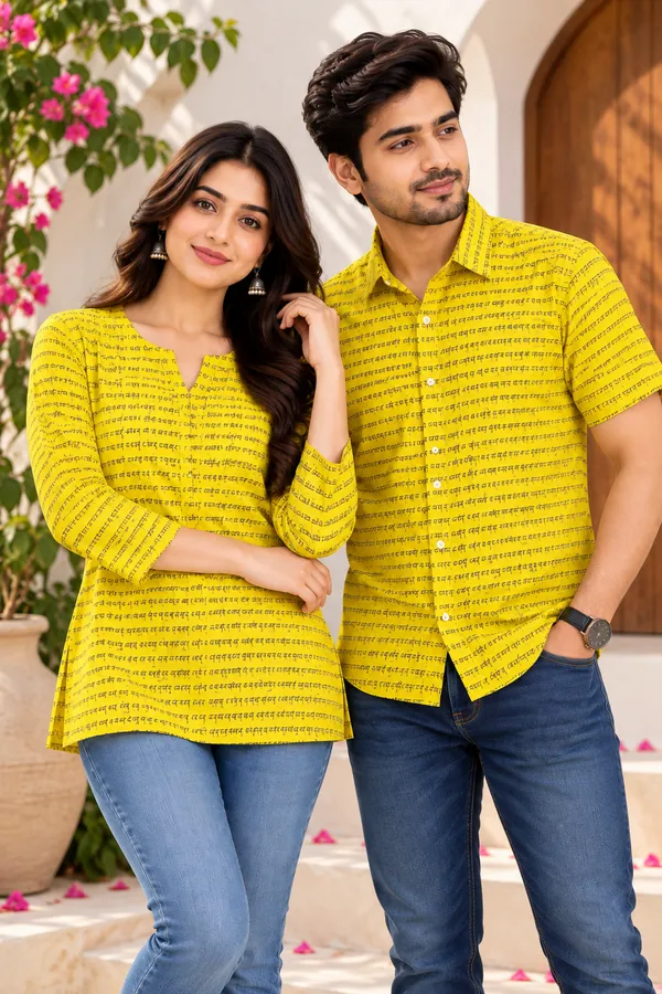 Yellow_Cotton_Printed_Shirt_And_Kurti_Couple_Set