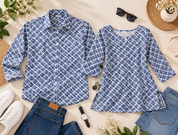 Blue_Cotton_Printed_Shirt_And_Top_Couple_Set