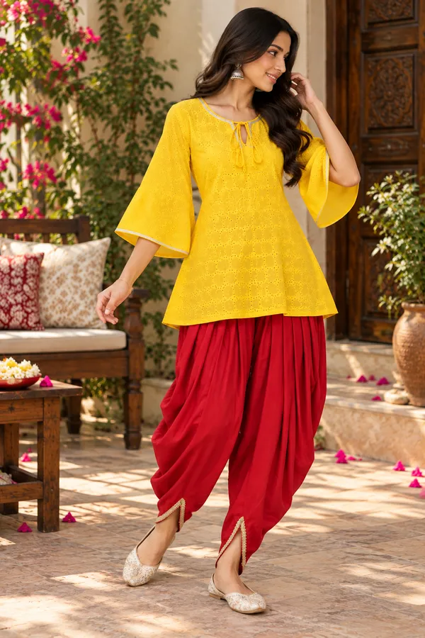 Yellow_Red_Cotton_Kurta_Dhoti_Pants_Set_For_Women