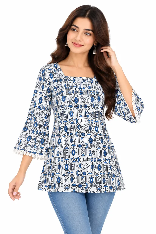 White_Blue_Cotton_Printed_Shirt_And_Tunic_Couple_Set