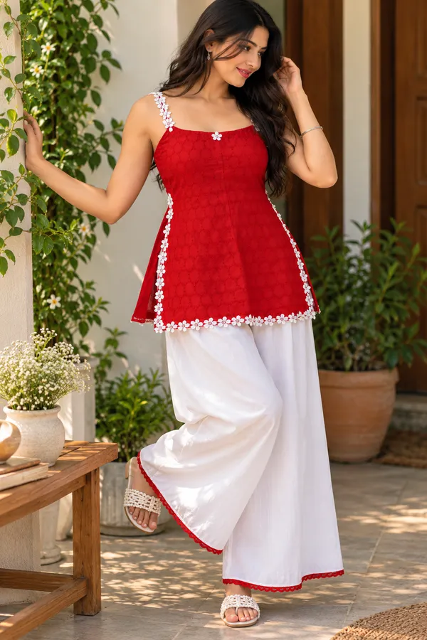 Red_Cotton_Sleeveless_Kurta_Palazzo_Set_For_Women