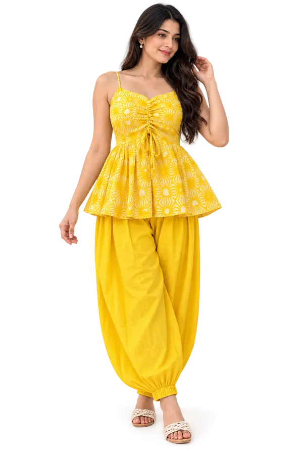 Yellow_Cotton_Printed_Peplum_Top_And_Tapered_Pants_Co-Ord_Set_For_Women
