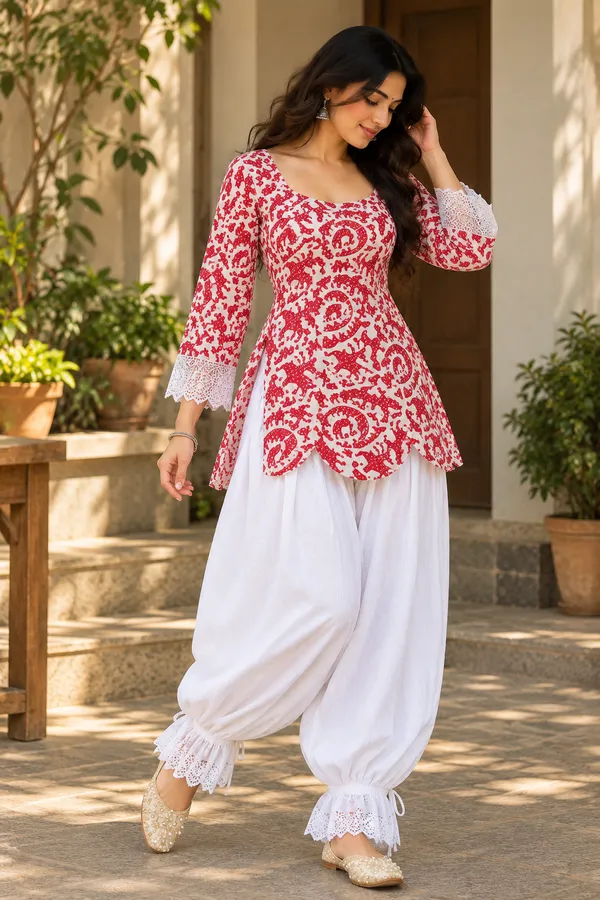 Red_Cotton_Printed_Flared_Ethnic_Kurta_Set_For_Women