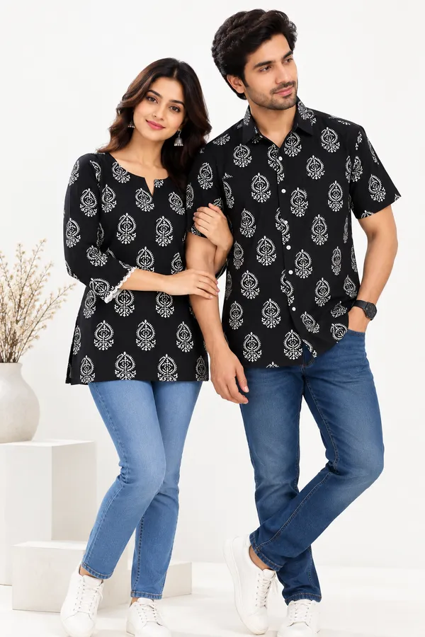 Black_Cotton_Printed_Couple_Kurta_And_Shirt_Set