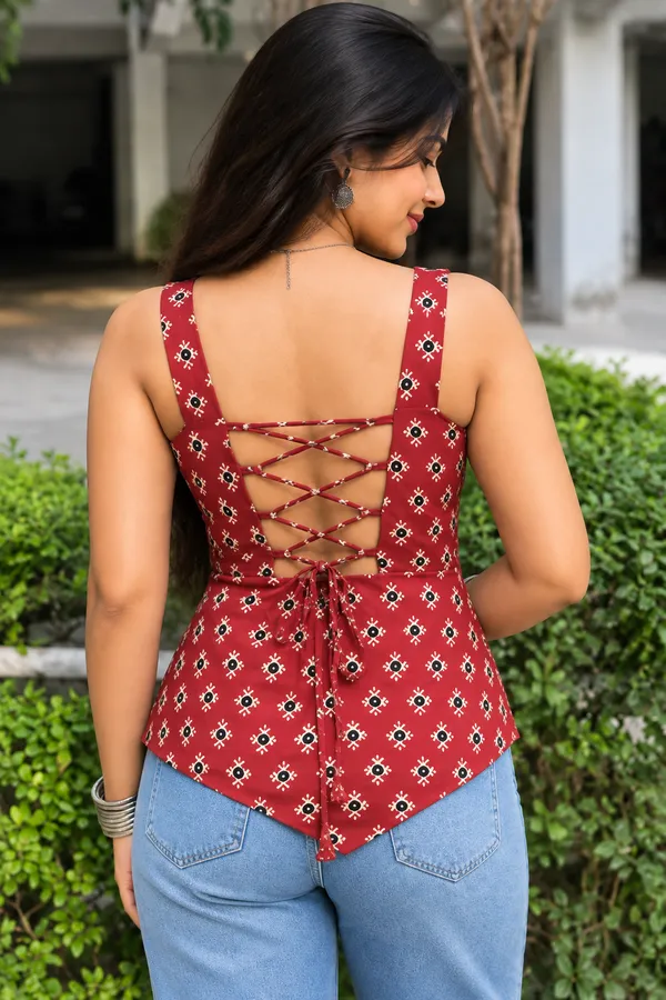 Red_Cotton_Fitted_Geometric_Print_Lace-Up_Back_Top_For_Women