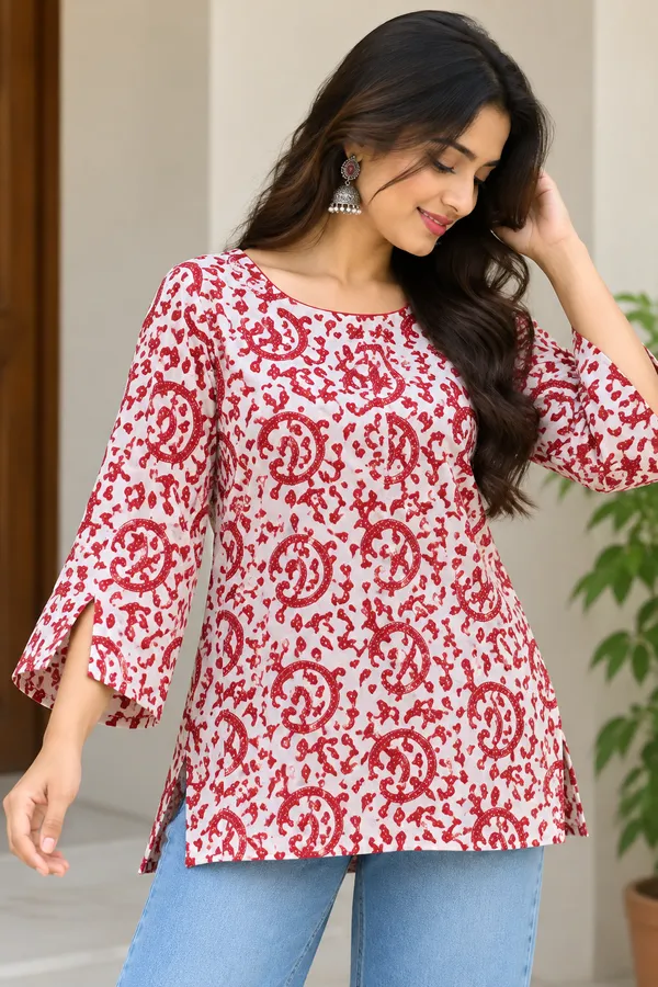 White_Cotton_Flared_Printed_Top_For_Women