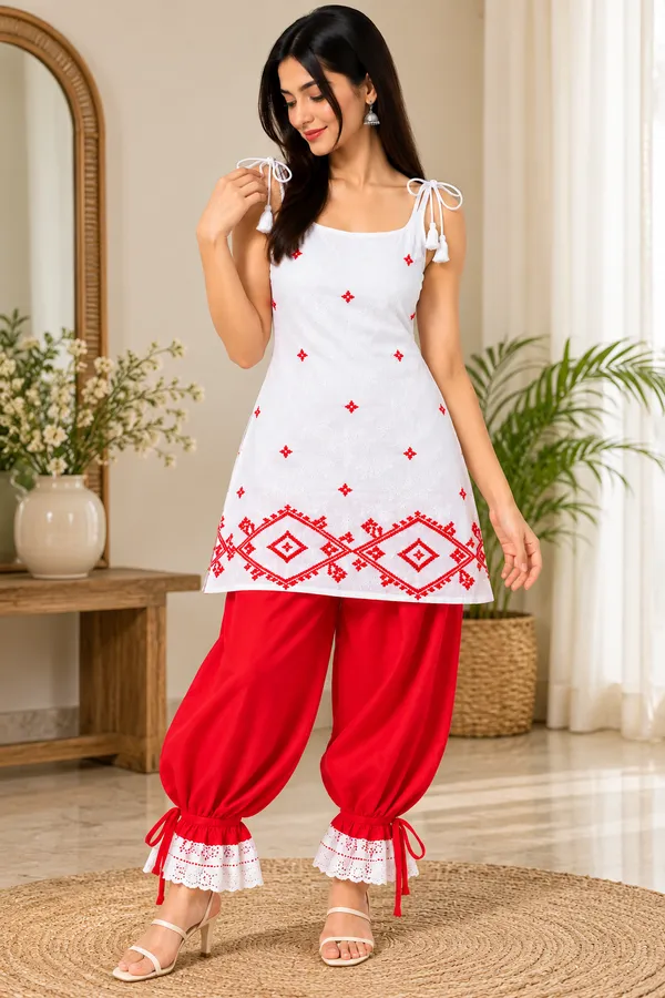 White_Cotton_Printed_Kurta_Pant_Set_For_Women
