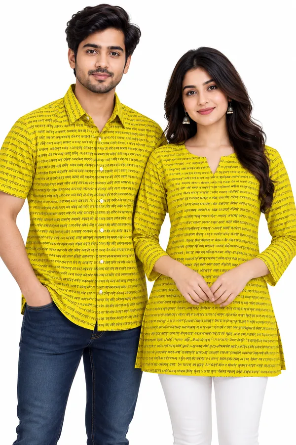 Yellow_Cotton_Printed_Shirt_And_Kurti_Couple_Set