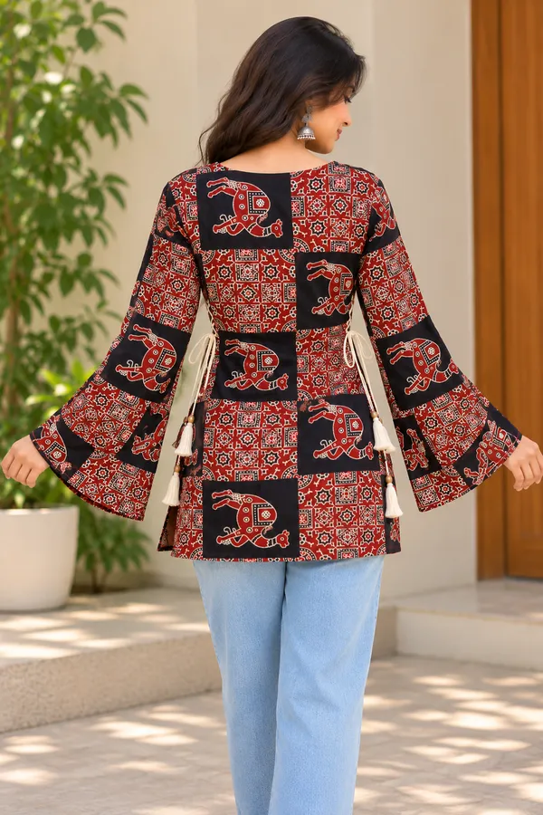 Red_Cotton_Bell_Sleeve_Printed_Kurti_For_Women