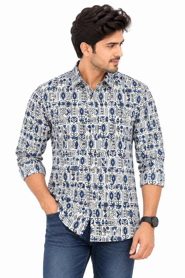 White_Blue_Cotton_Printed_Shirt_And_Tunic_Couple_Set